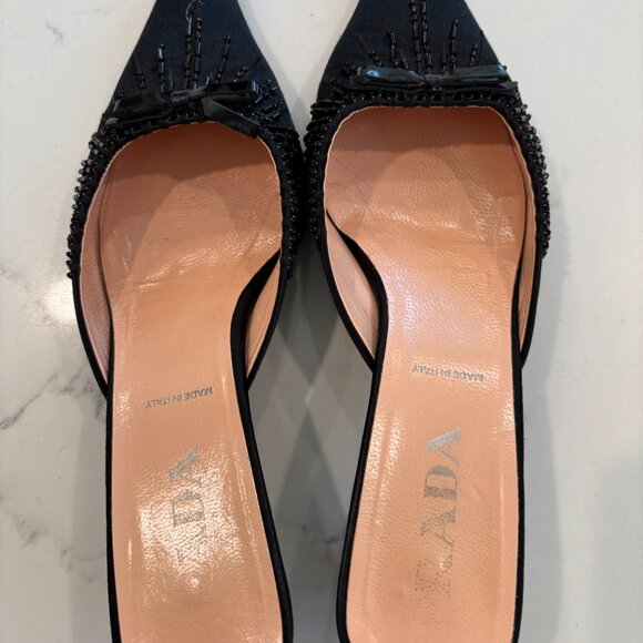 Prada Vintage Beaded Bow Satin Mule Heels Size 37 - Picture 8 of 10